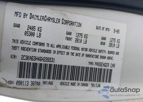 2006 Chrysler 300C z USA, uszkodzony, nr VIN 2C3KA63H46H226531